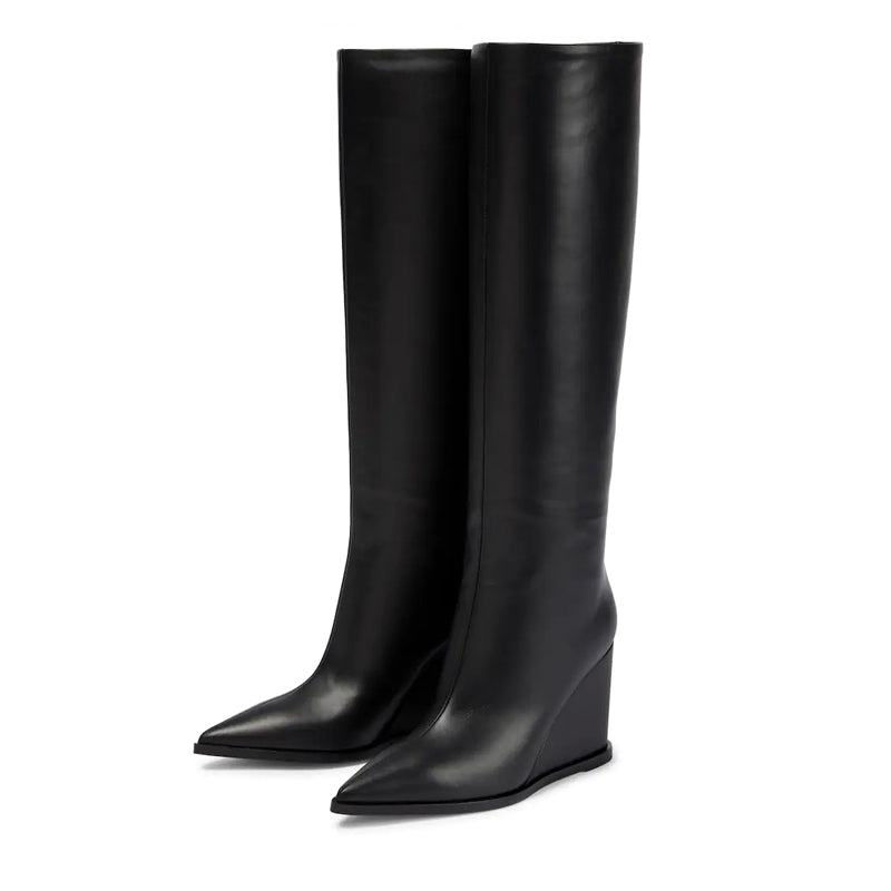 Women's Large Tube Circumference Leather Thick Leg Wedge High Boots