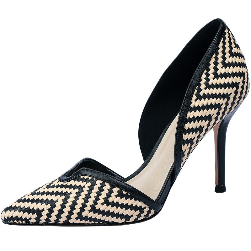 Women's checkered leather medium heel pointed head