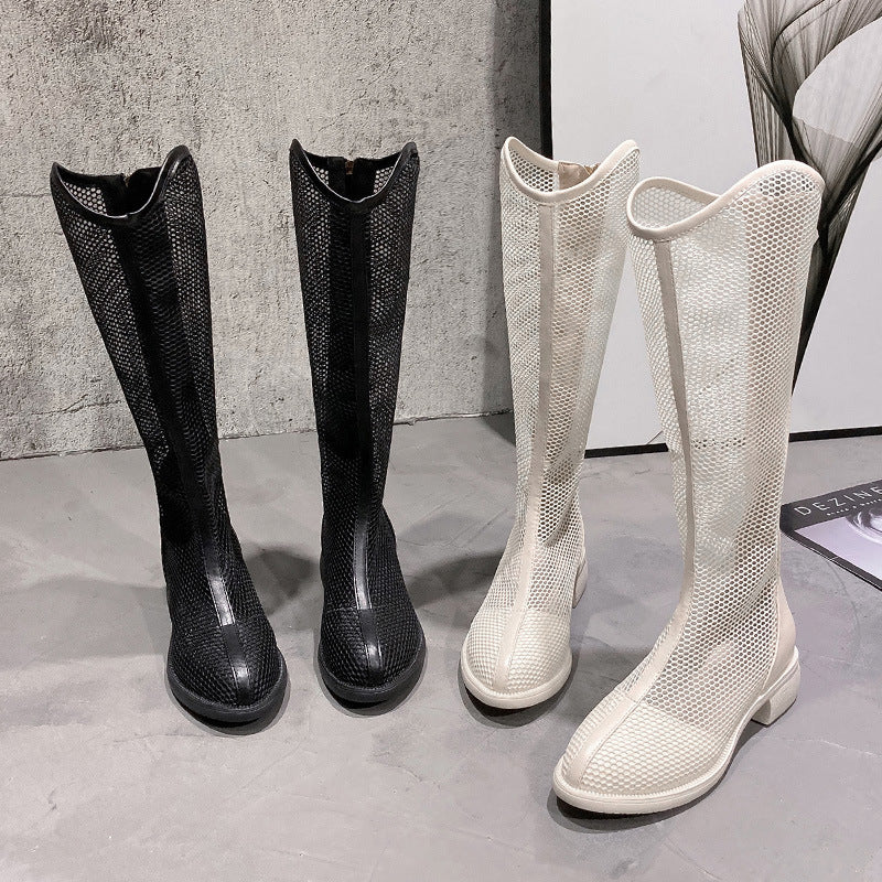Hollow And Breathable Toe Thick Heel Ankle Mesh Women Boots