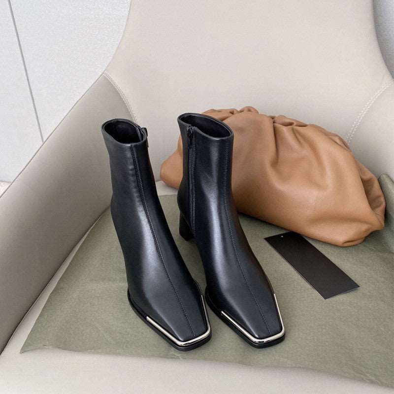 Net Red Wild Plus Velvet Thin Boots Thick Heel Short Boots