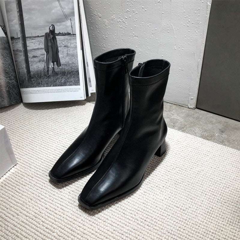 Net Red Wild Plus Velvet Thin Boots Thick Heel Short Boots