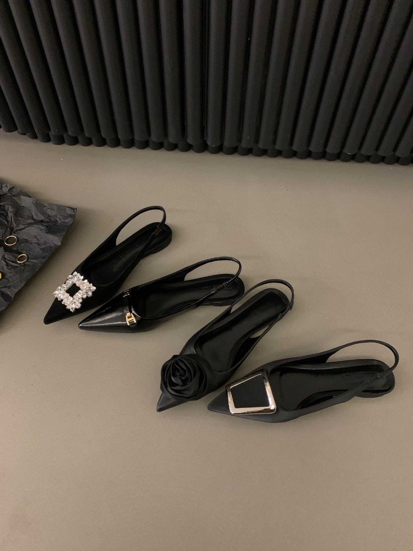 Black Rhinestone French Flats