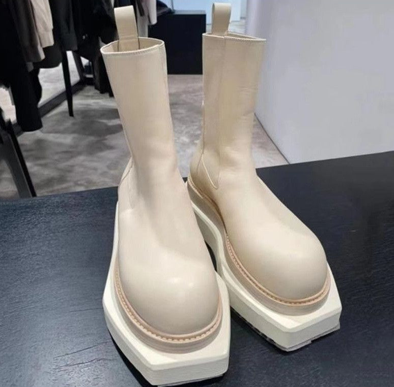 Thick Bottomed Round Head Mid-Top Barrel Handsome Women’s Boots