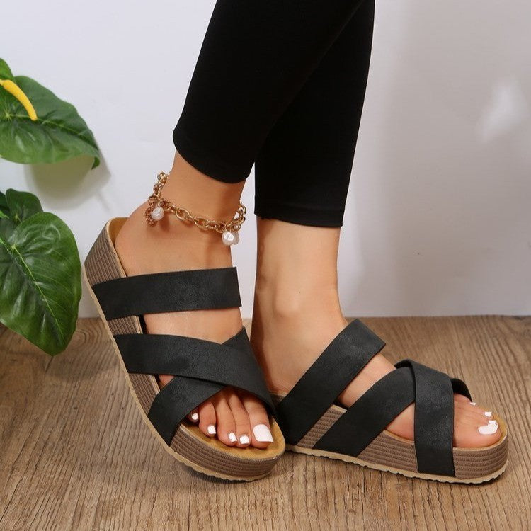 Woven Cross-strap Slippers Summer Platform Sandals Women’s Flat Beach Shoes