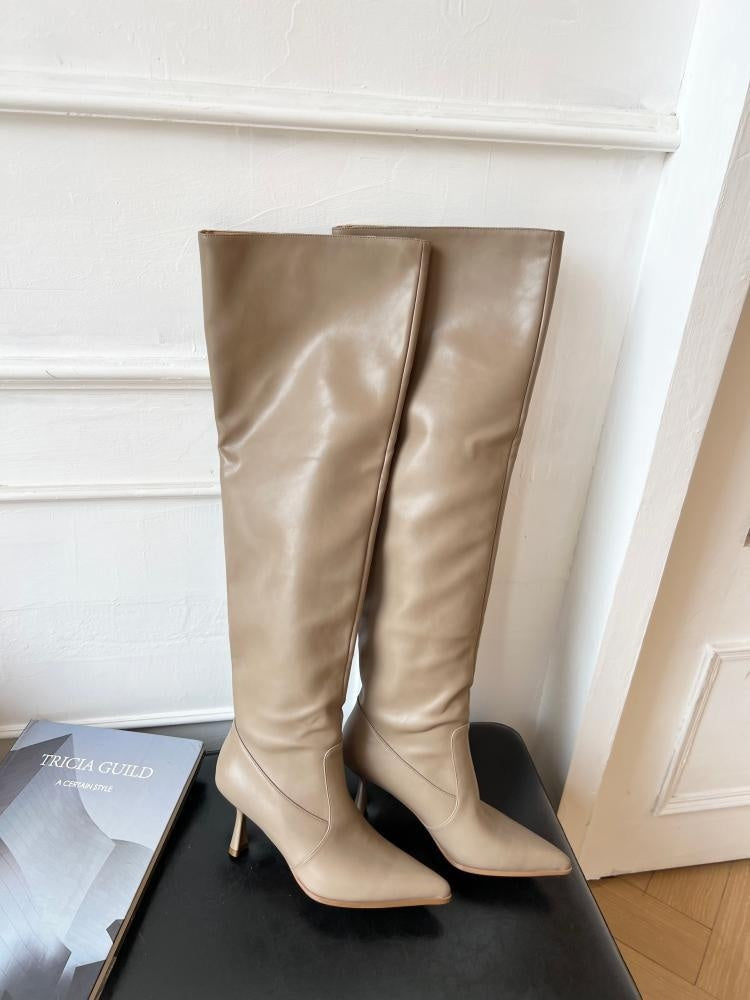 Wide Calf Pointed Toe Skinny Stilettos Pile Style Boots for Women