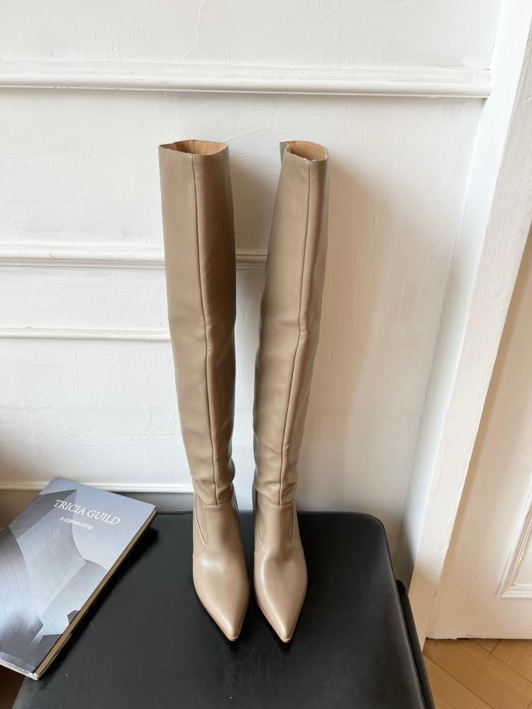 Wide Calf Pointed Toe Skinny Stilettos Pile Style Boots for Women