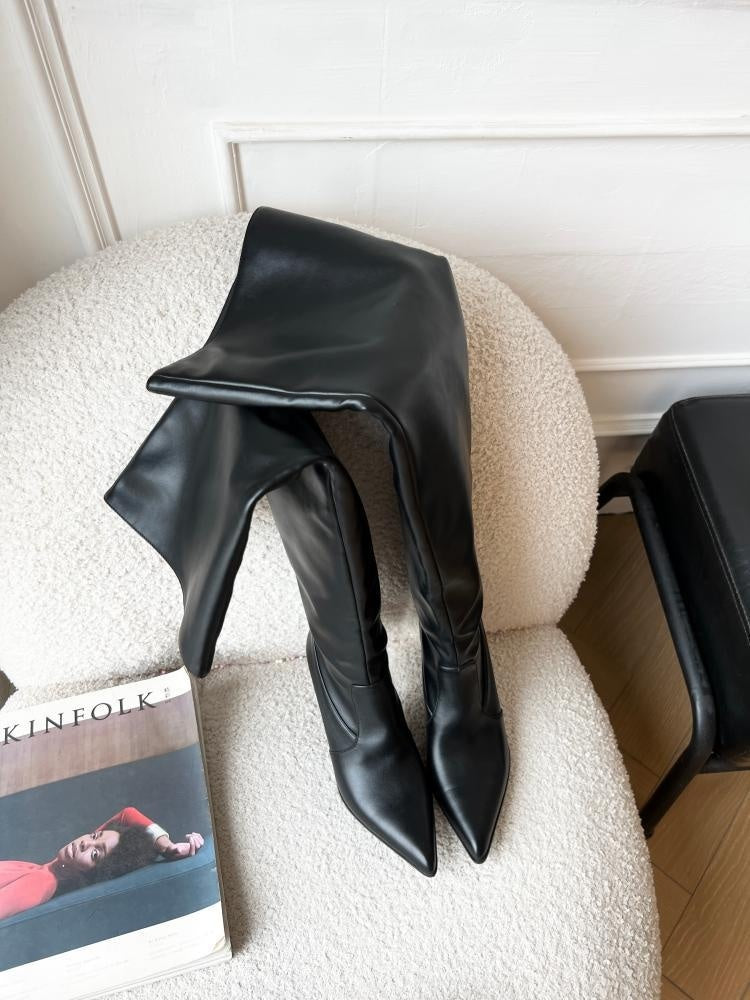 Wide Calf Pointed Toe Skinny Stilettos Pile Style Boots for Women