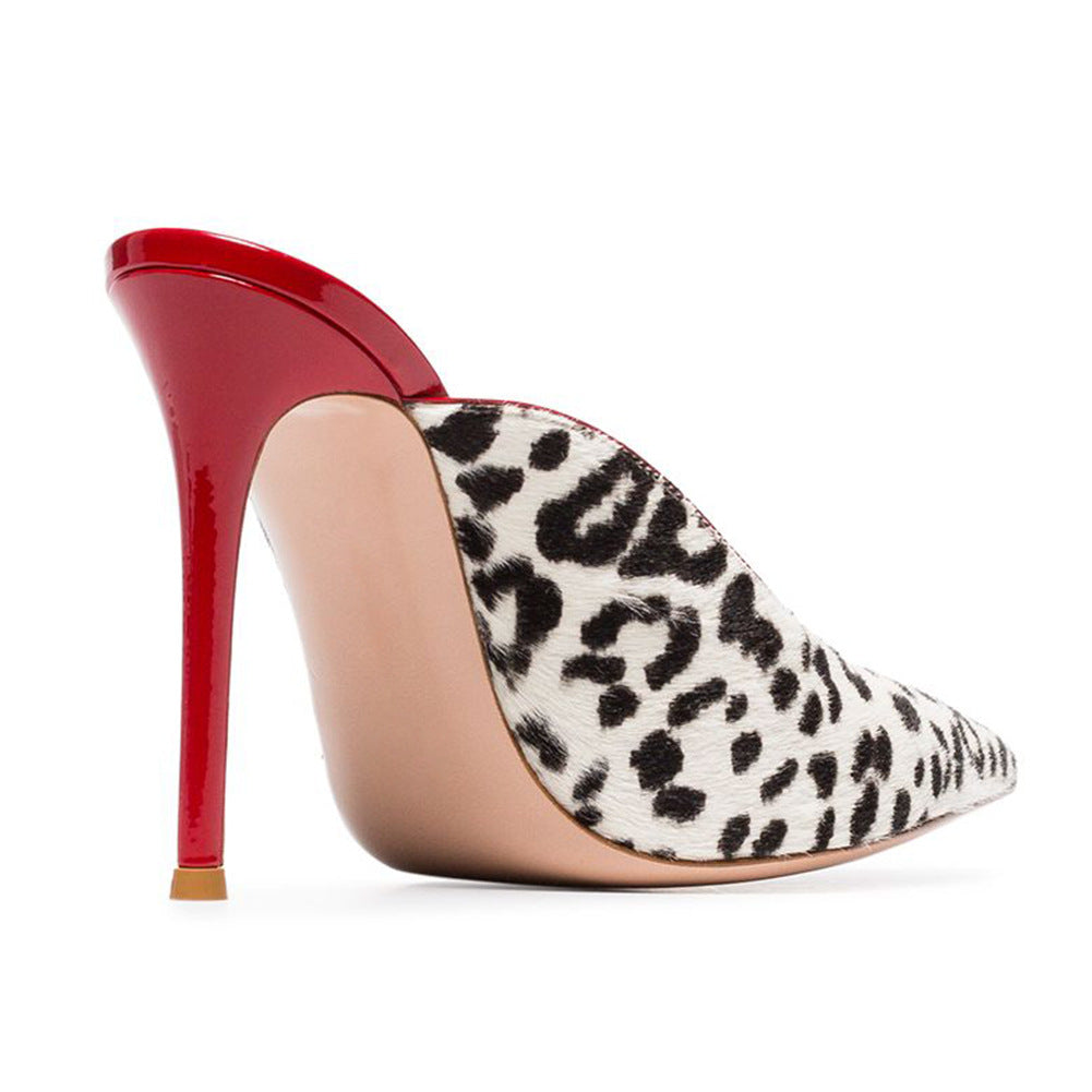 White Leopard Print Horsehair Women High Heels