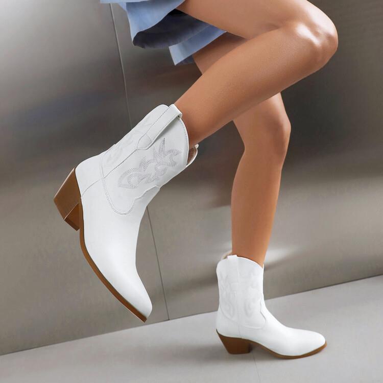 Mirror Patent Leather Embroidery Knee-high Women Boots Pointed Mid-calf Embroidery Chunky High Heel