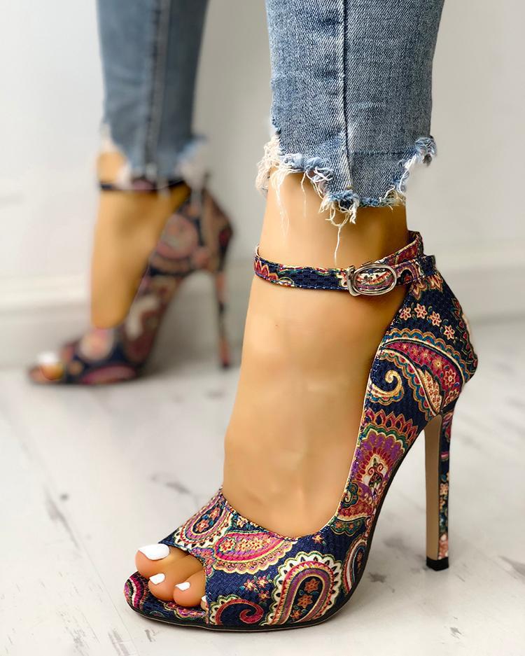 Printed toe buckle women high heels