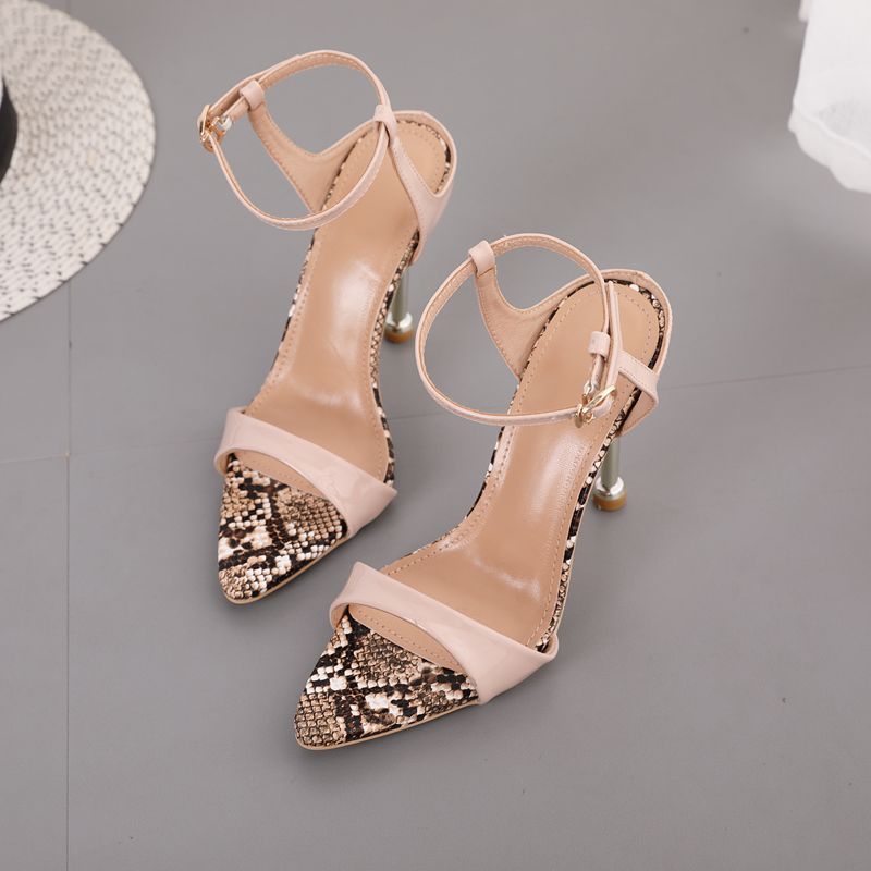 Pointed Toe Stiletto Snake Print Women's Shoes Open Toe & Heel
