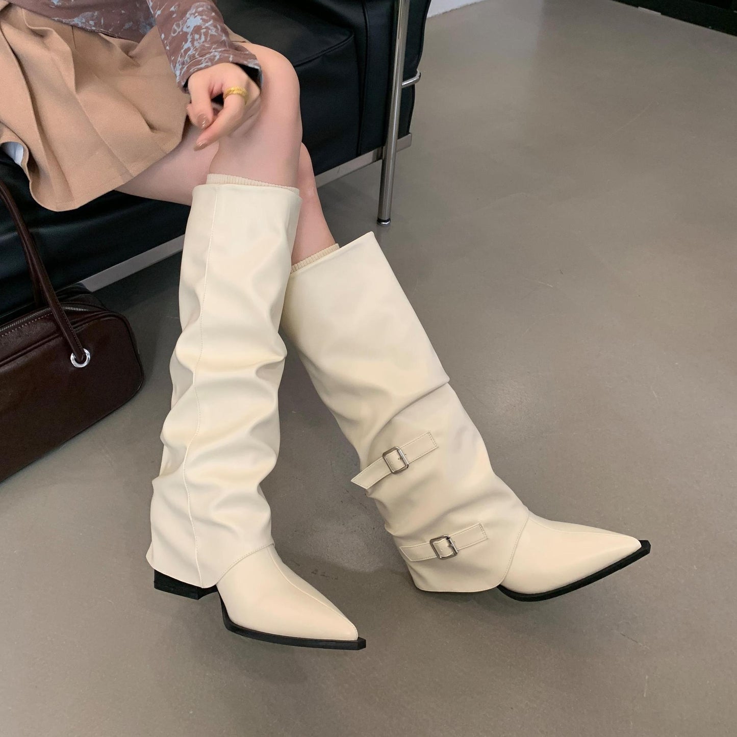 Pointed Buckle Pleated Pile Style Boots Punk Mid Heel Knee-high Wide Calf Boots for Women