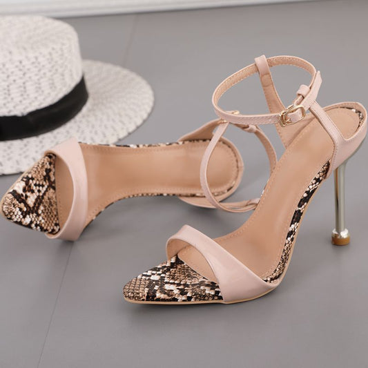Pointed Toe Stiletto Snake Print Women's Shoes Open Toe & Heel