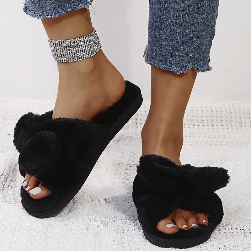 Hairy Drag Women Bow Open-toed Outer Wear Home Warm Flat Cotton Slippers