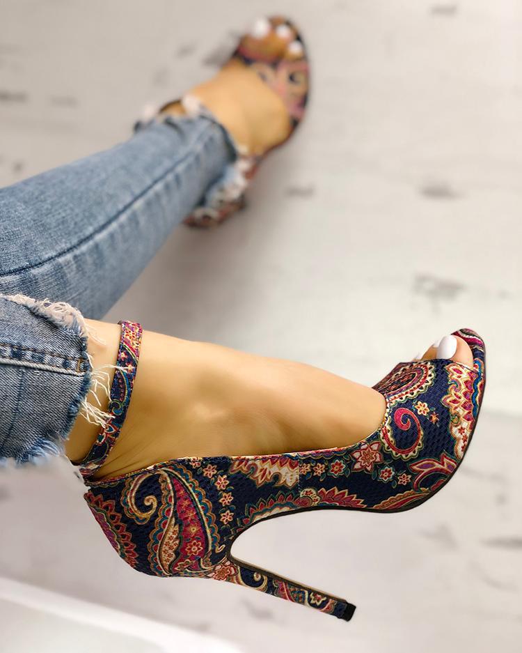 Printed toe buckle women high heels