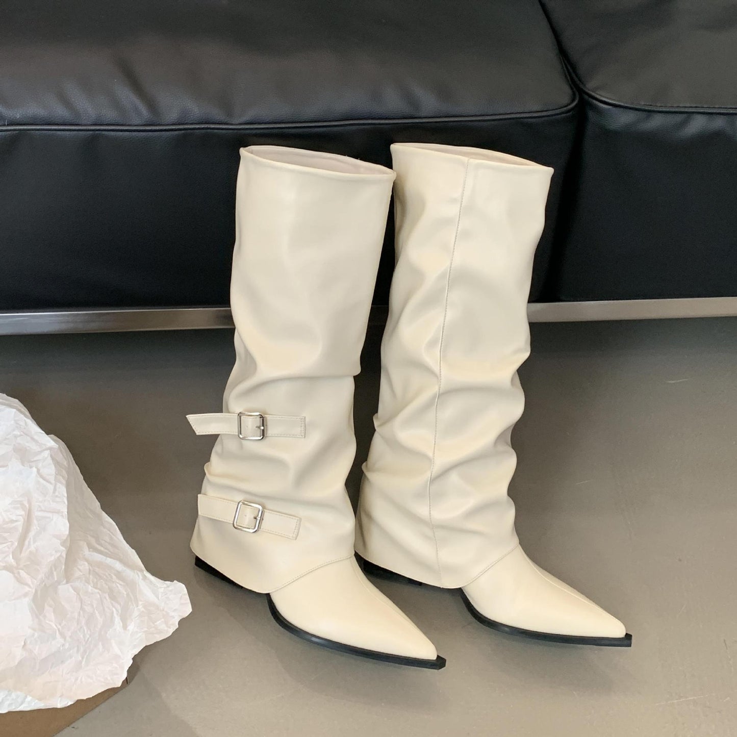 Pointed Buckle Pleated Pile Style Boots Punk Mid Heel Knee-high Wide Calf Boots for Women