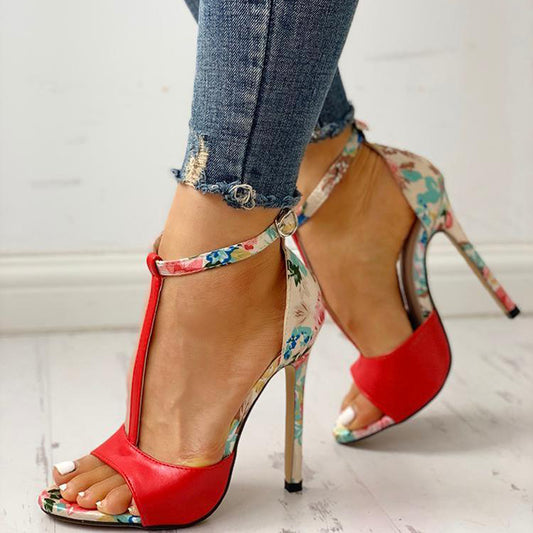 High heel buckle Floral colorful open toe shoes