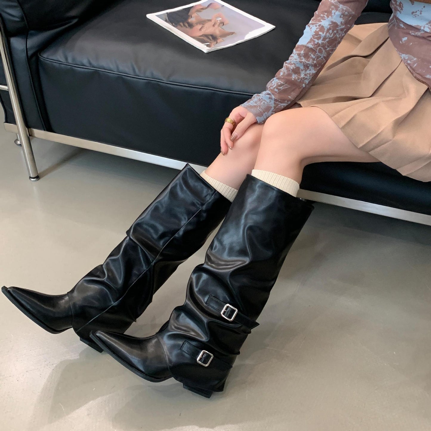 Pointed Buckle Pleated Pile Style Boots Punk Mid Heel Knee-high Wide Calf Boots for Women