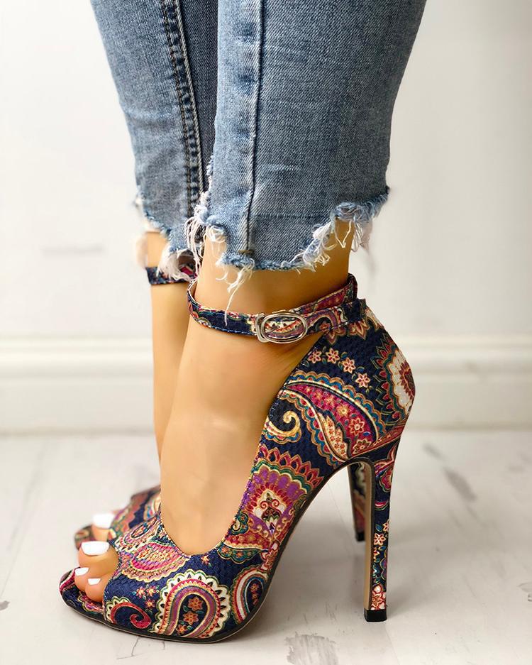 Printed toe buckle women high heels