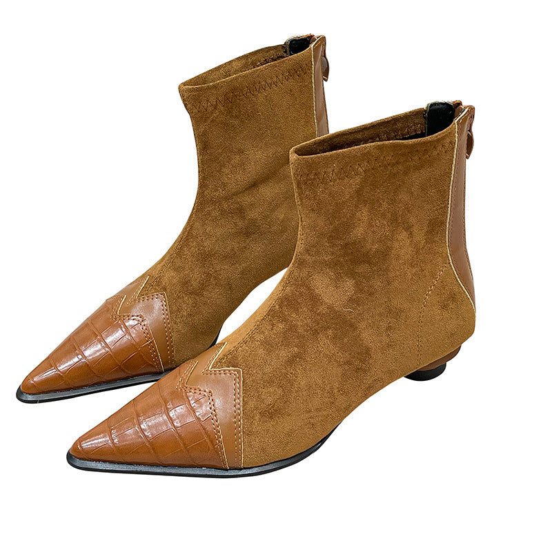 Retro Women Patchwork Pointed Boots Back Zipper Kitten Heel