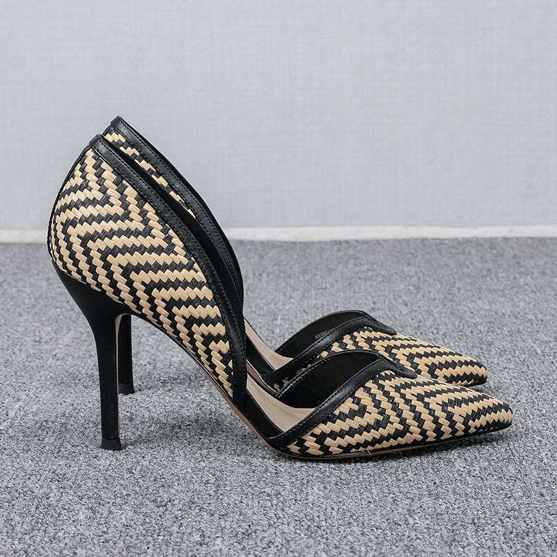 Women's checkered leather medium heel pointed head
