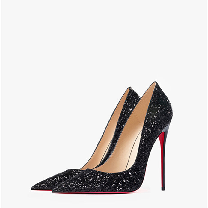 Super Pointed High Heels Women's Black Silver Sequins