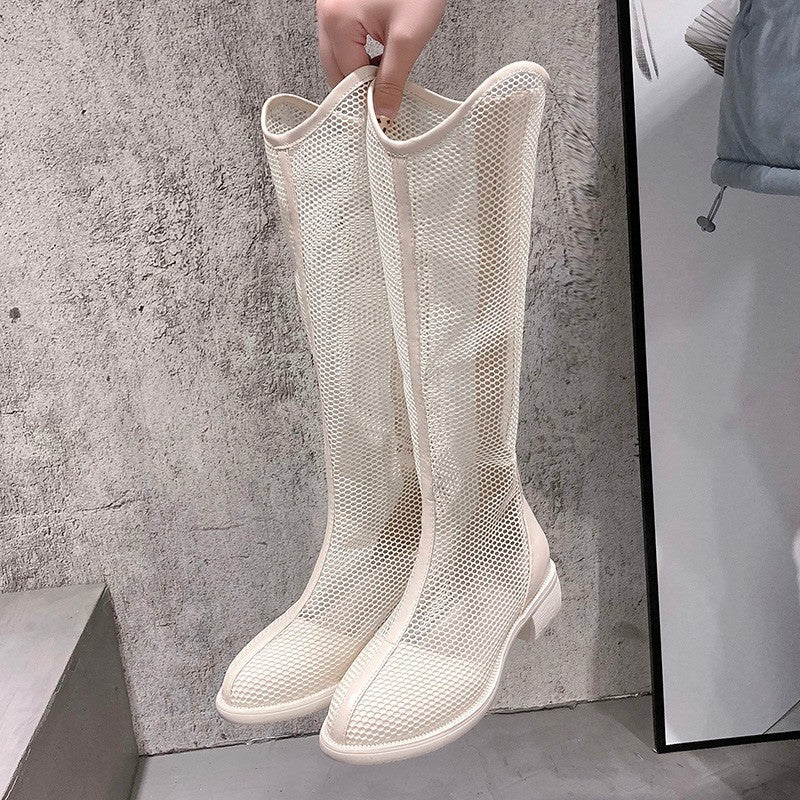 Hollow And Breathable Toe Thick Heel Ankle Mesh Women Boots