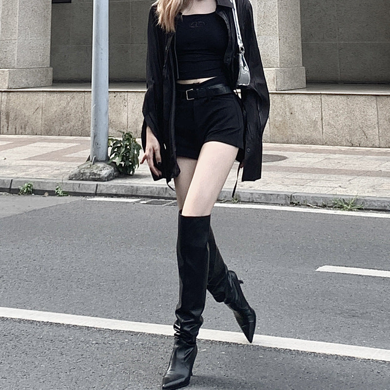 Wide Calf Pointed Toe Skinny Stilettos Pile Style Boots for Women