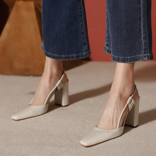 Closed Toe Open Back High Heel Full Leather Women Shoes