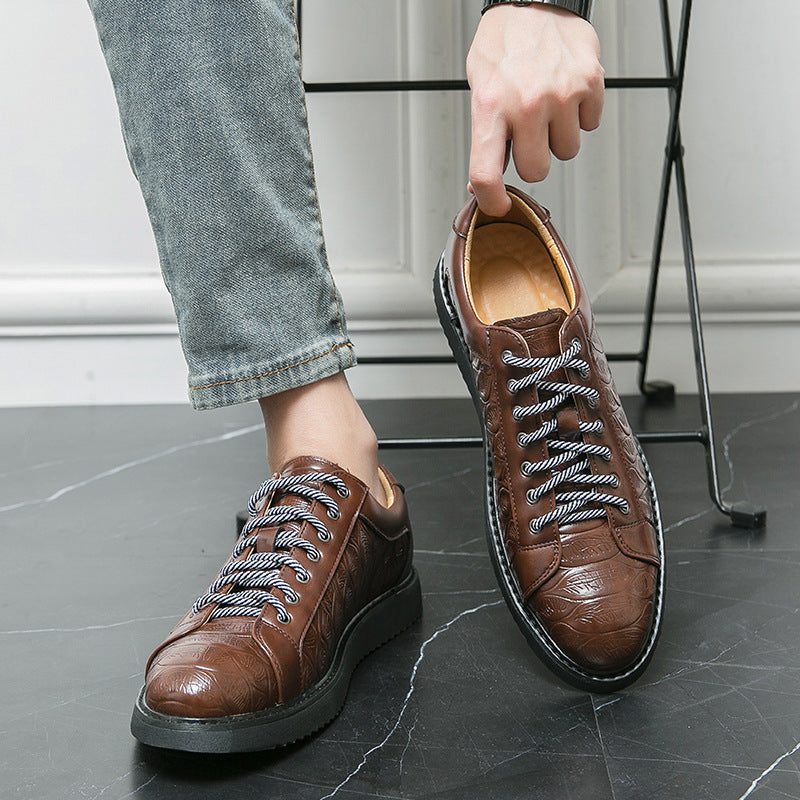 Men's Casual Carved Leather Shoes Lace-up With Flat Sole