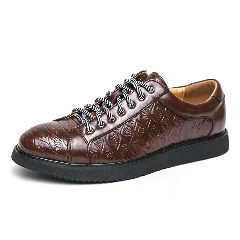 Men's Casual Carved Leather Shoes Lace-up With Flat Sole