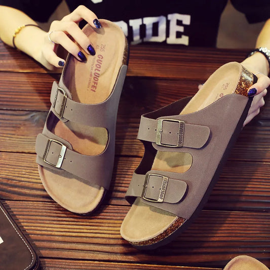 Women Leather Clogs buckle sandals Slippers Soft Cork Two Buckle Women Slides