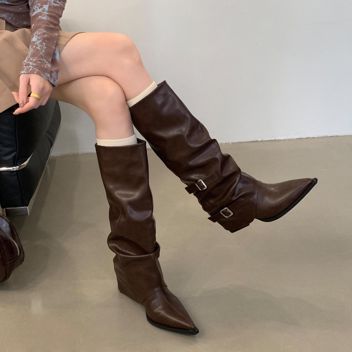 Pointed Buckle Pleated Pile Style Boots Punk Mid Heel Knee-high Wide Calf Boots for Women