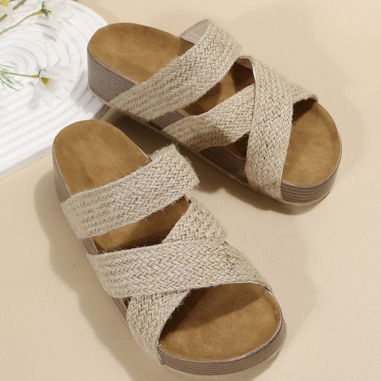 Woven Cross-strap Slippers Summer Platform Sandals Women’s Flat Beach Shoes