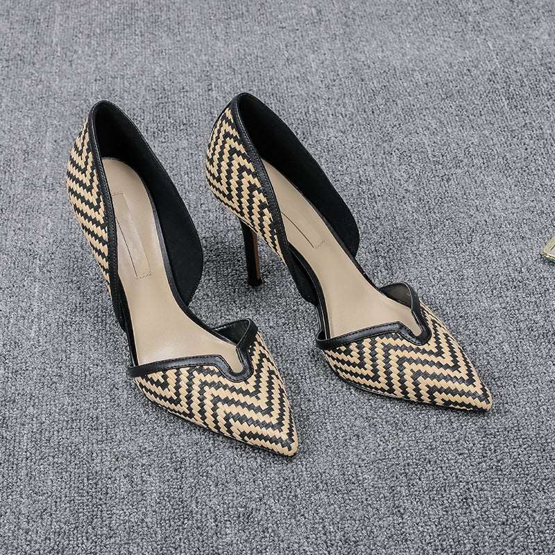 Women's checkered leather medium heel pointed head