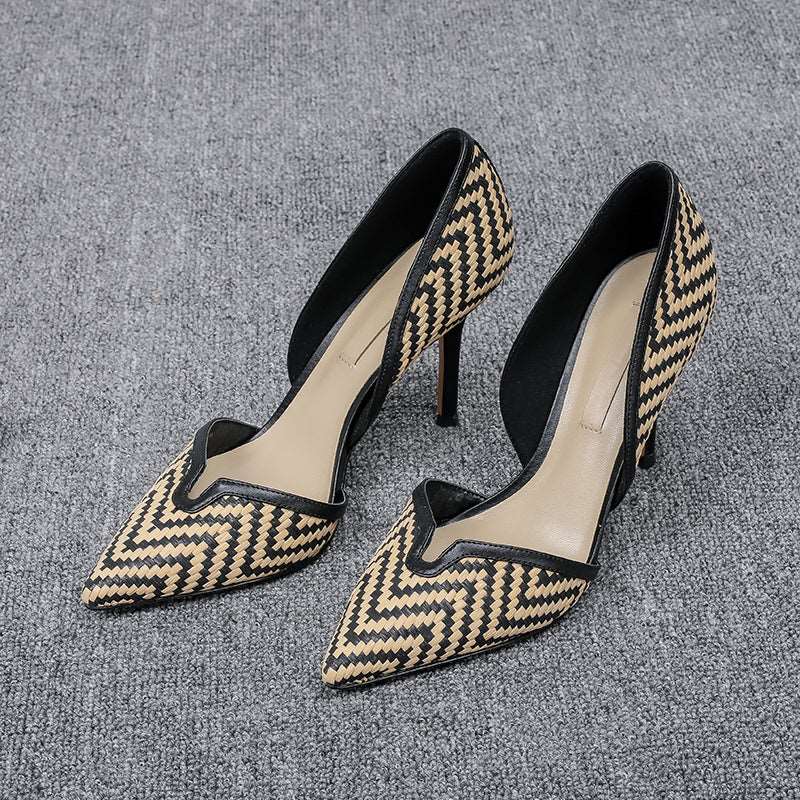 Women's checkered leather medium heel pointed head