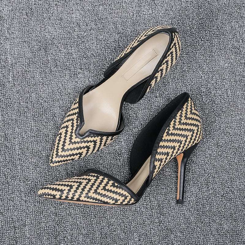 Women's checkered leather medium heel pointed head
