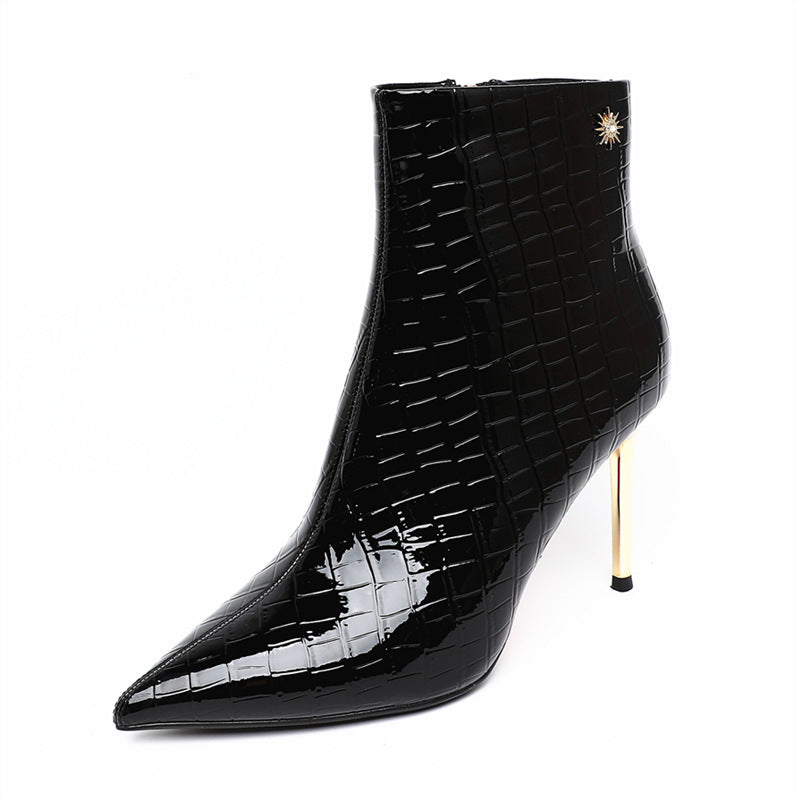 Pointed High Heels Patent Leather Stilettos Elegant High-Top Women’s Shoes
