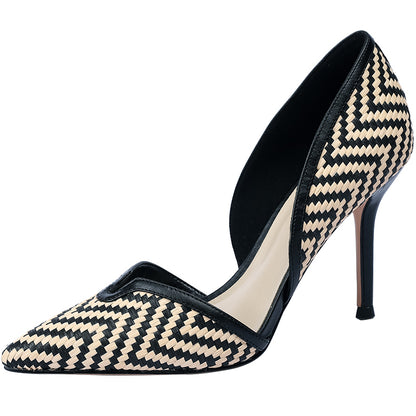 Women's checkered leather medium heel pointed head