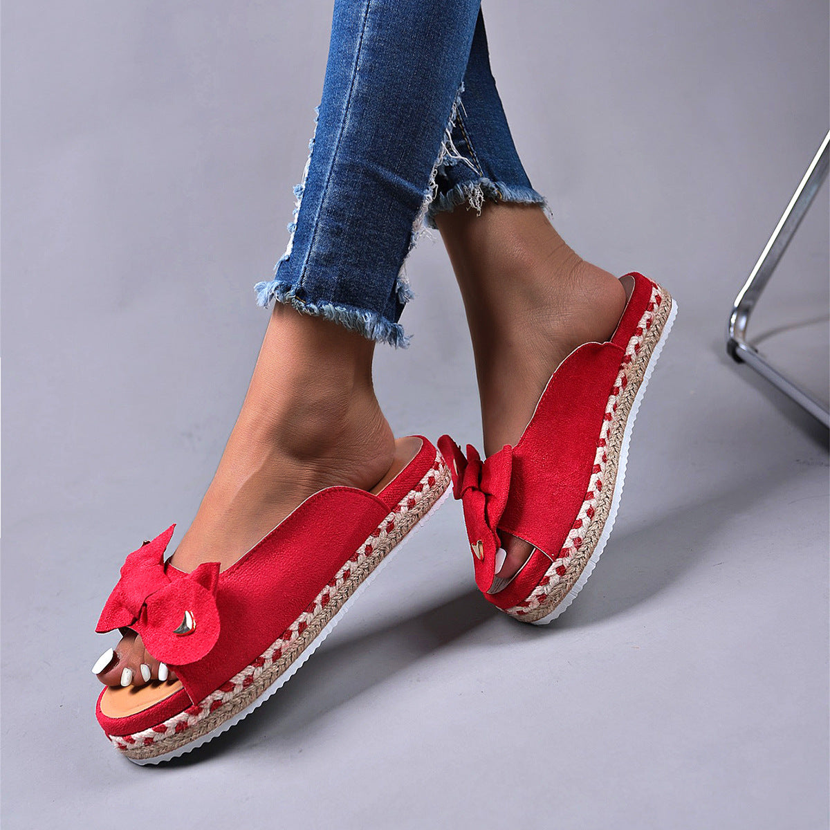 Women's Bow Slippers Flat Heel Peep Toe Sandals Summer Solid Color Beach Shoes