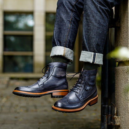 Men's High-top Casual Cowhide Round Toe Leather Boots