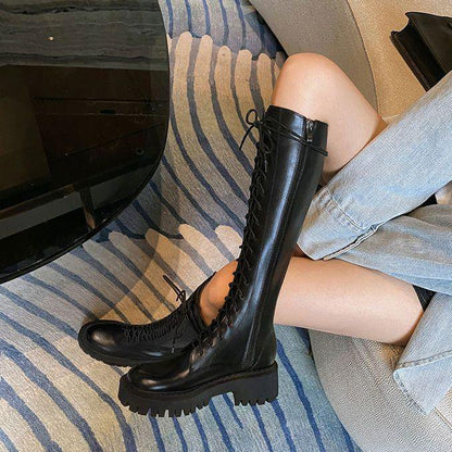 Women's Black Below The Knee Thickened Laced Boots