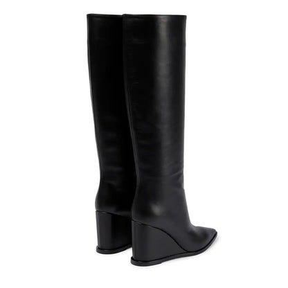 Women's Large Tube Circumference Leather Thick Leg Wedge High Boots