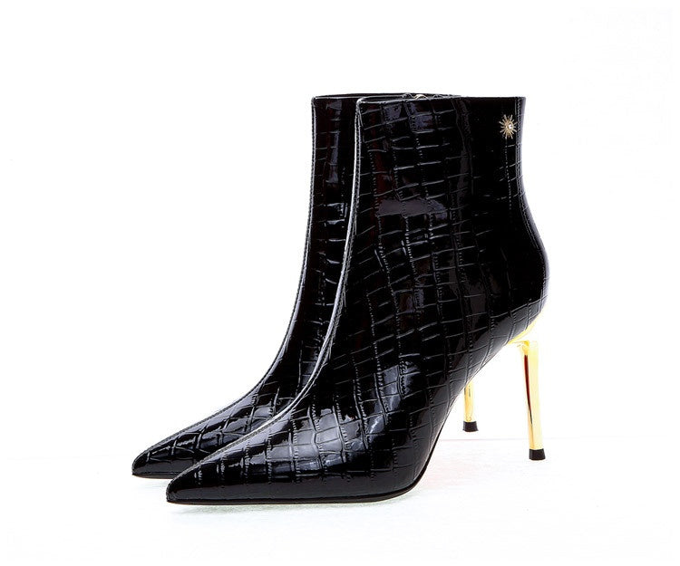 Pointed High Heels Patent Leather Stilettos Elegant High-Top Women’s Shoes