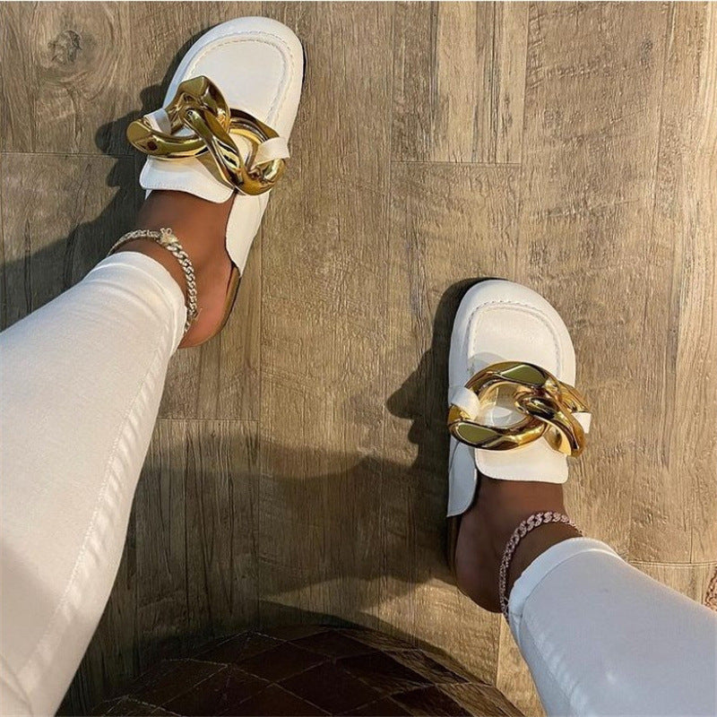 Baotou Slippers Women New Large Metal Buckle