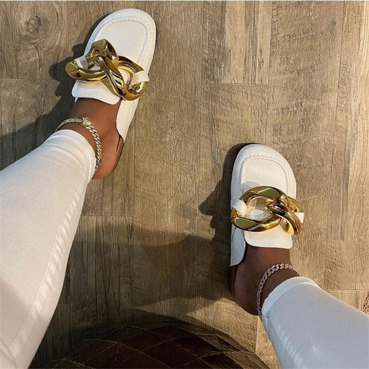 Baotou Slippers Women New Large Metal Buckle