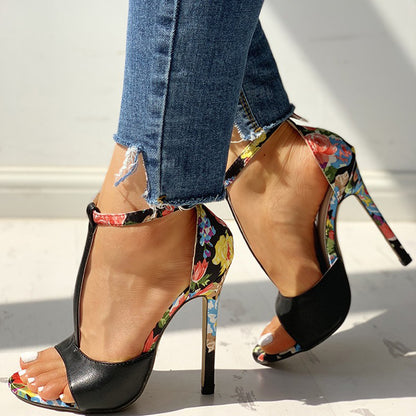 High heel buckle Floral colorful open toe shoes