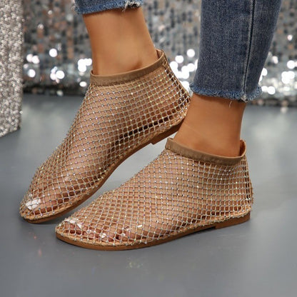 Hollow Flat Sandals With Rhinestone Design Summer Mesh Designer Shoes For Women