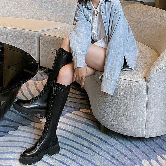 Women's Black Below The Knee Thickened Laced Boots