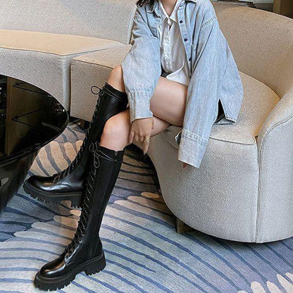 Women's Black Below The Knee Thickened Laced Boots